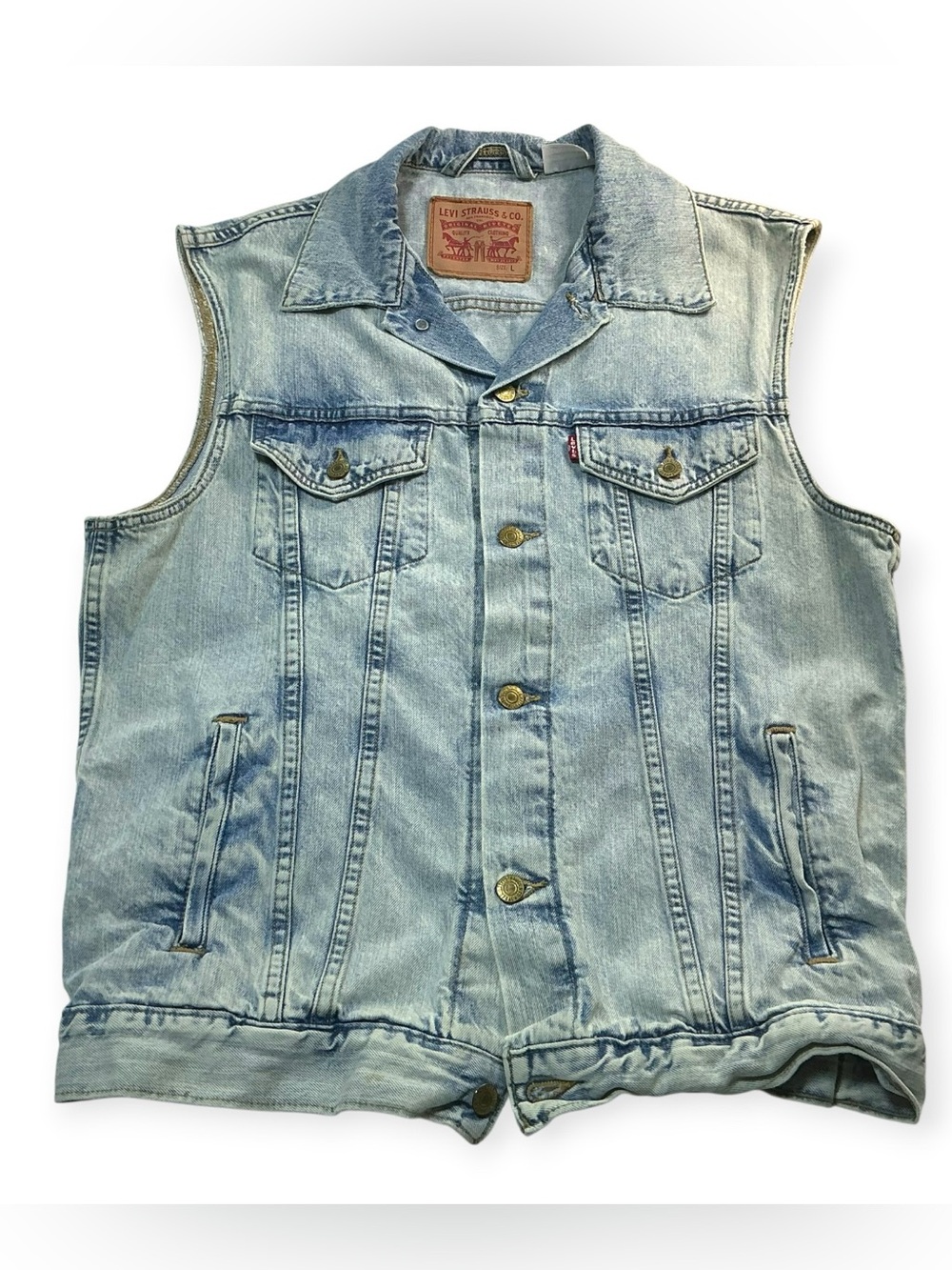 Levi’s Men’s L Denim Trucker Vest Light Wash Sleeveless Distressed